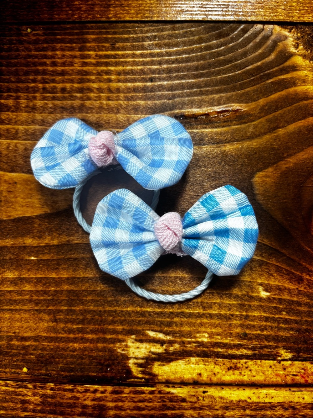 Blue Gingham Bow Hair Ties for Kids - Pink Knot Accent